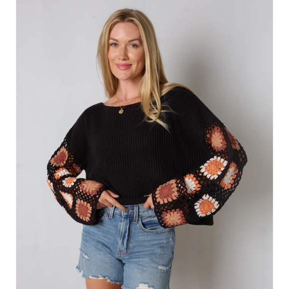 Free People Sweaters - Black crochet granny square flare sleeve sweater